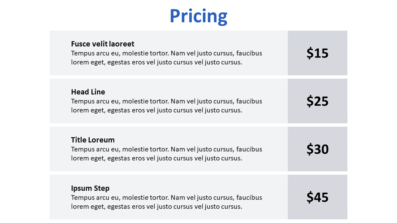 Pricing table PowerPoint slide showcasing four services with descriptions and corresponding prices on a white backdrop.