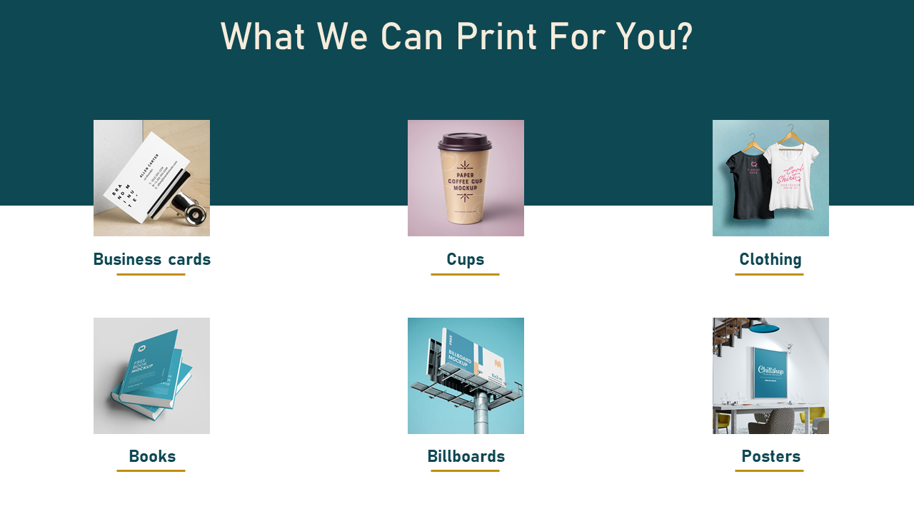 PowerPoint slide displaying various print products, including business cards, cups, clothing, books, billboards, and posters.