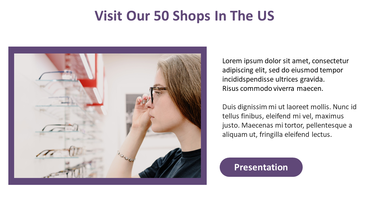 Woman looking at eyeglasses in a store display, with text and a purple call-to-action button.