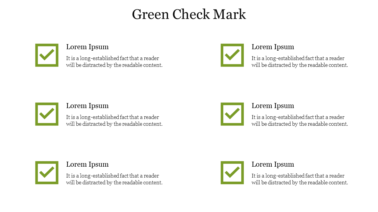 Slide featuring green check marks with accompanying text blocks.