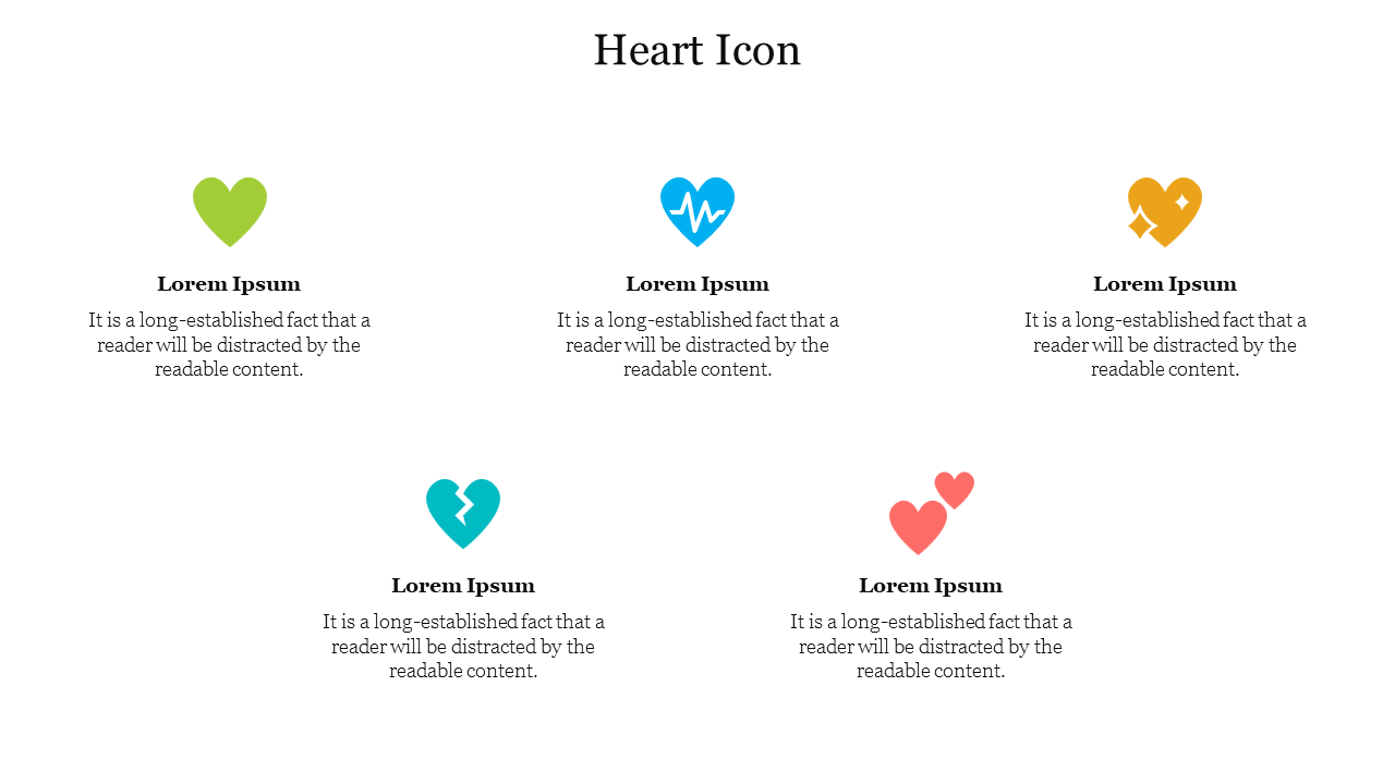 Slide displaying five colorful heart icons with text descriptions, representing different themes under the title.