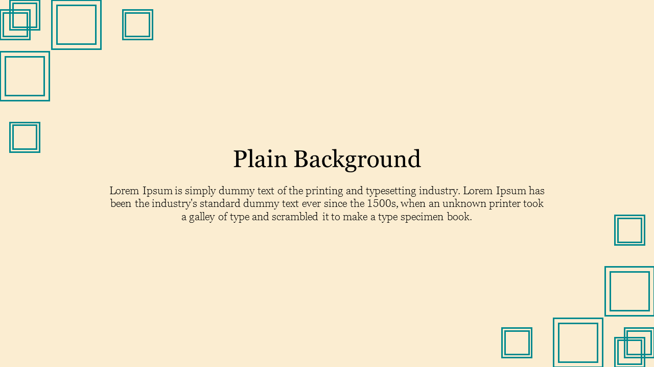 Slide featuring a plain background design, with decorative square borders and placeholder text for content.