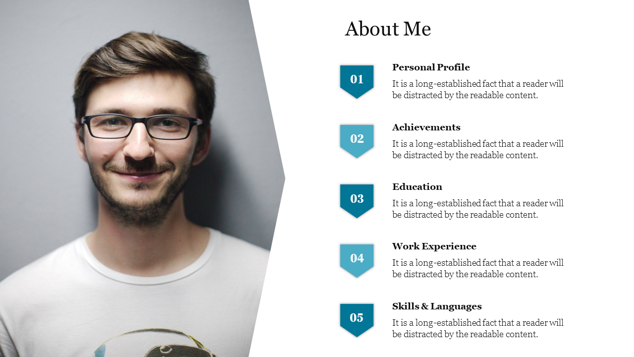 Professional About Me slide with a photo on the left and many numbered sections with text area.