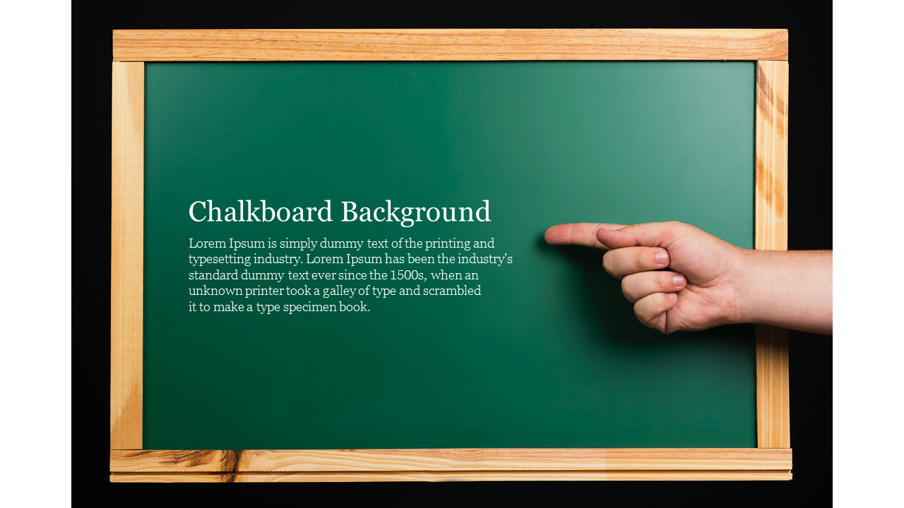 A hand pointing to text on a green chalkboard with a wooden frame, used as a background with a placeholder.