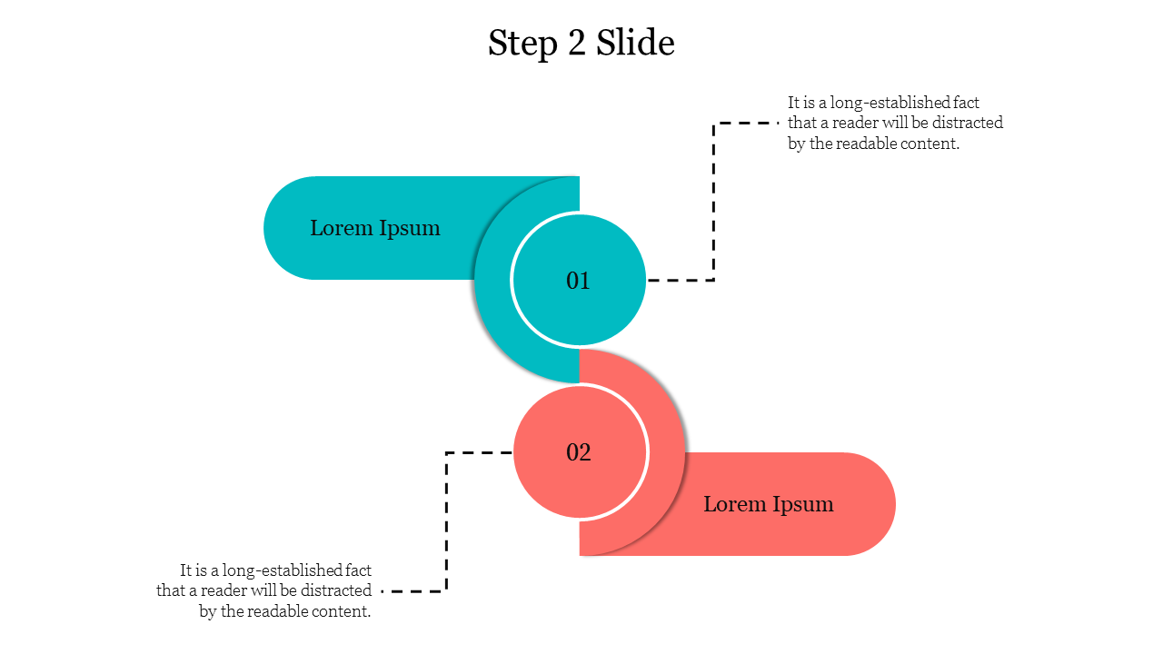 Two step process slide with labeled circles, showcasing clear transitions between stages represented by colorful segments.