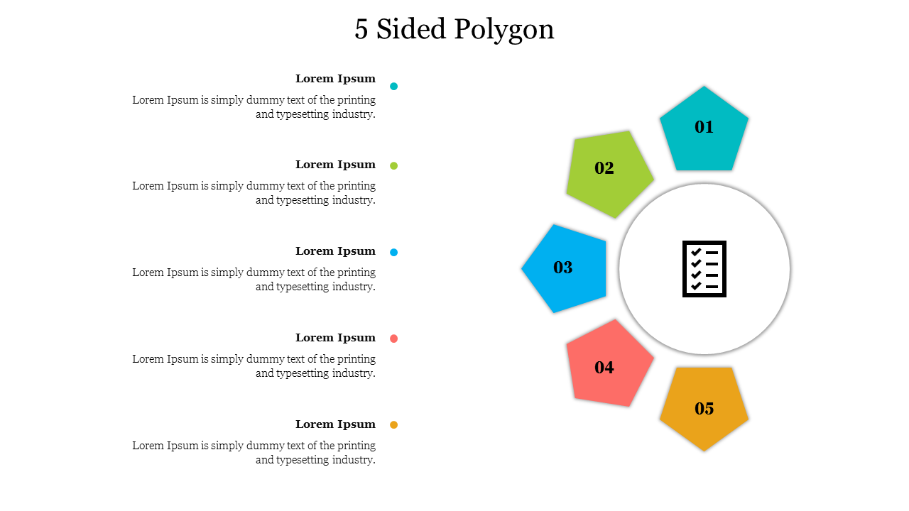 Colorful pentagons numbered 01 to 05 in a circular arrangement with a central icon, linked to descriptions on the left.