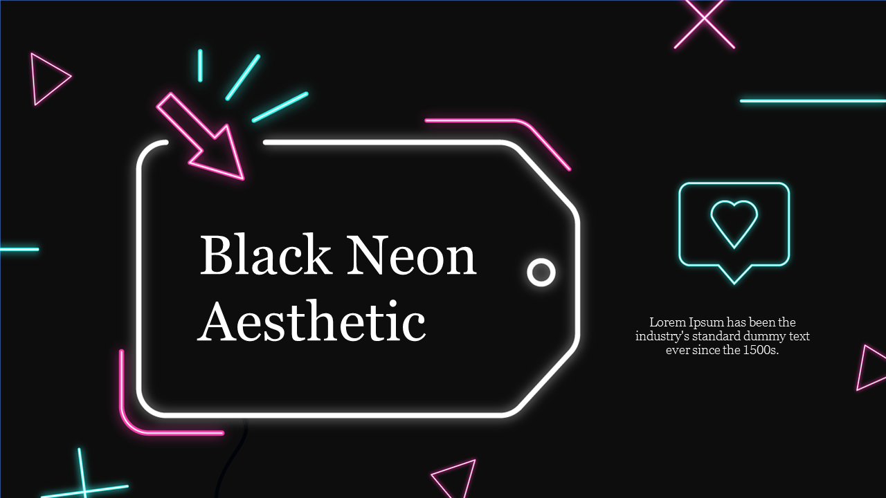 Slide showcasing black neon aesthetic with neon elements on a black background, featuring a prominent title and text area.