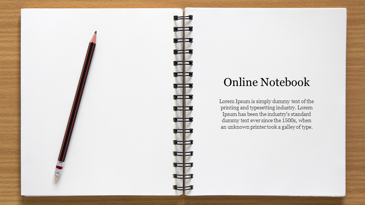 An open notebook on a wooden desk with a pencil, labeled online notebook, featuring placeholder text.