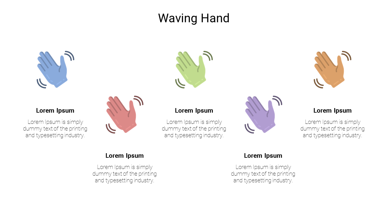 Five different colored waving hands with captions below each one.