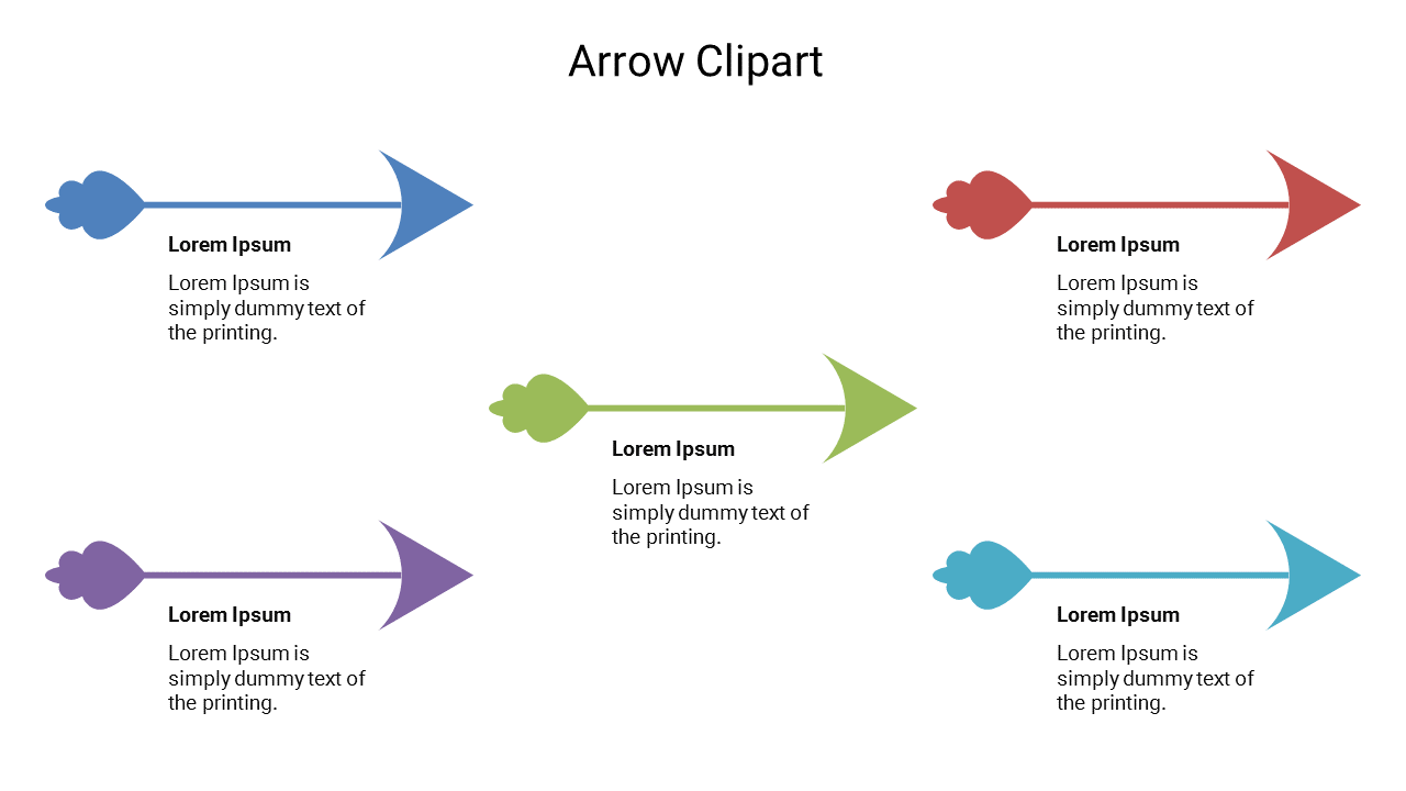 Set of five colored arrows with cloud like tails in blue, red, green, purple, and teal, with text below.