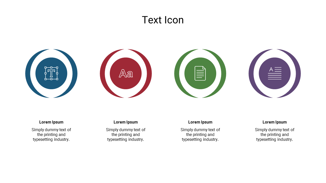 Circular text icons in blue, red, green, and purple, representing text elements, with placeholder text beneath.