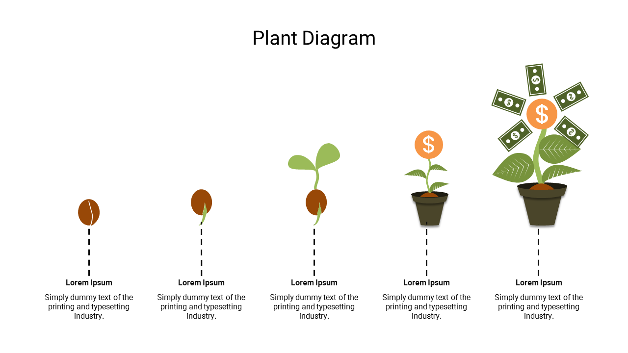 A diagram showing the growth stages of a plant, from a seed to a fully grown plant producing money, with text placeholders.