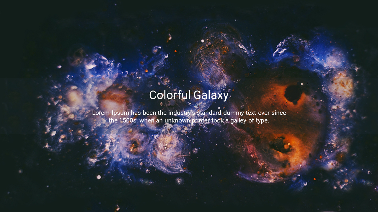 Vibrant galaxy scene with swirling blue, orange, and purple cosmic clouds and stars against a dark space background.