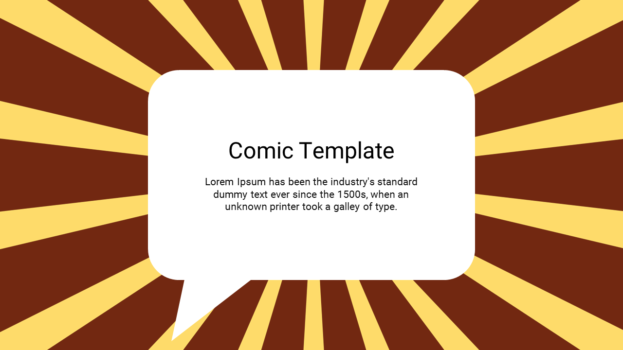 Comic PowerPoint slide with a speech bubble and a sunburst background, featuring placeholder text.