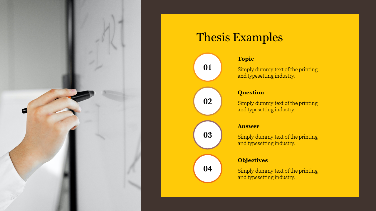 Split slide with an image of a hand writing on a board and a yellow section on the right listing four numbered points.