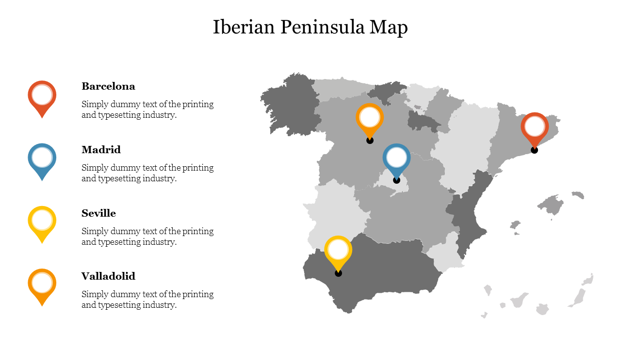 A map of the Iberian Peninsula with highlighted locations for countries, marked with colored pins with placeholder.