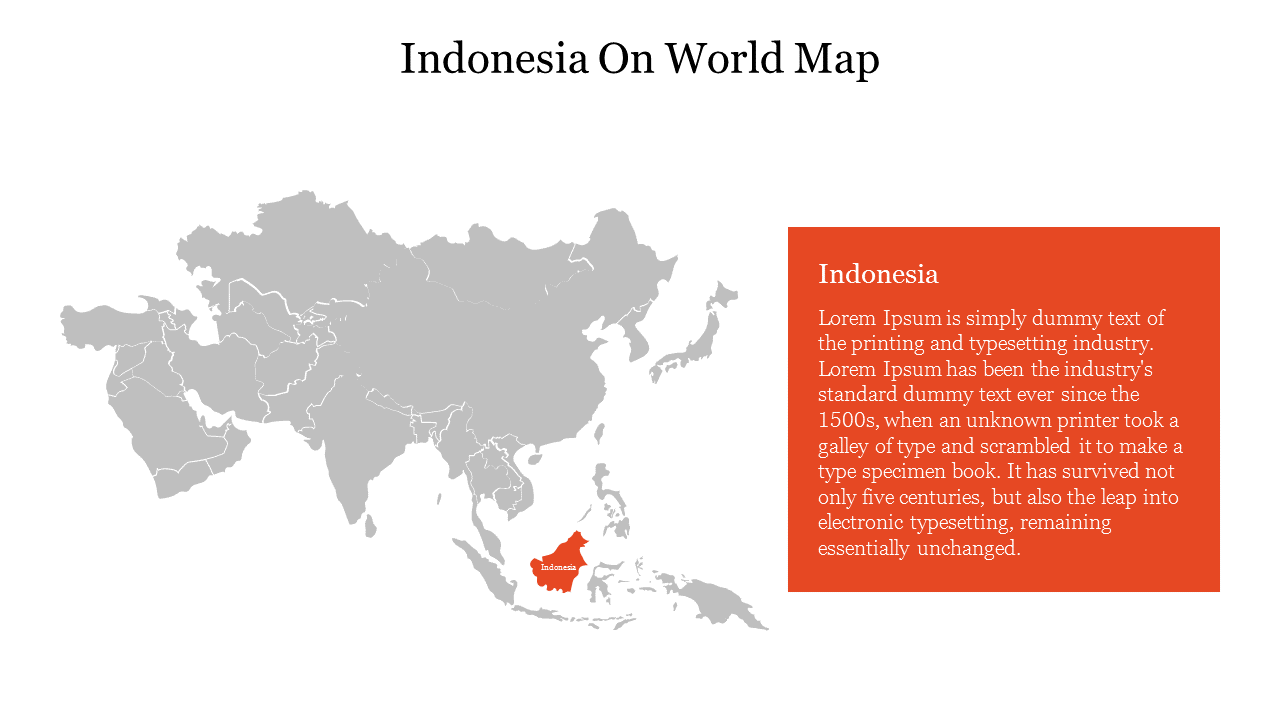 Gray world map with Indonesia highlighted in red, and a text box with information about the country.