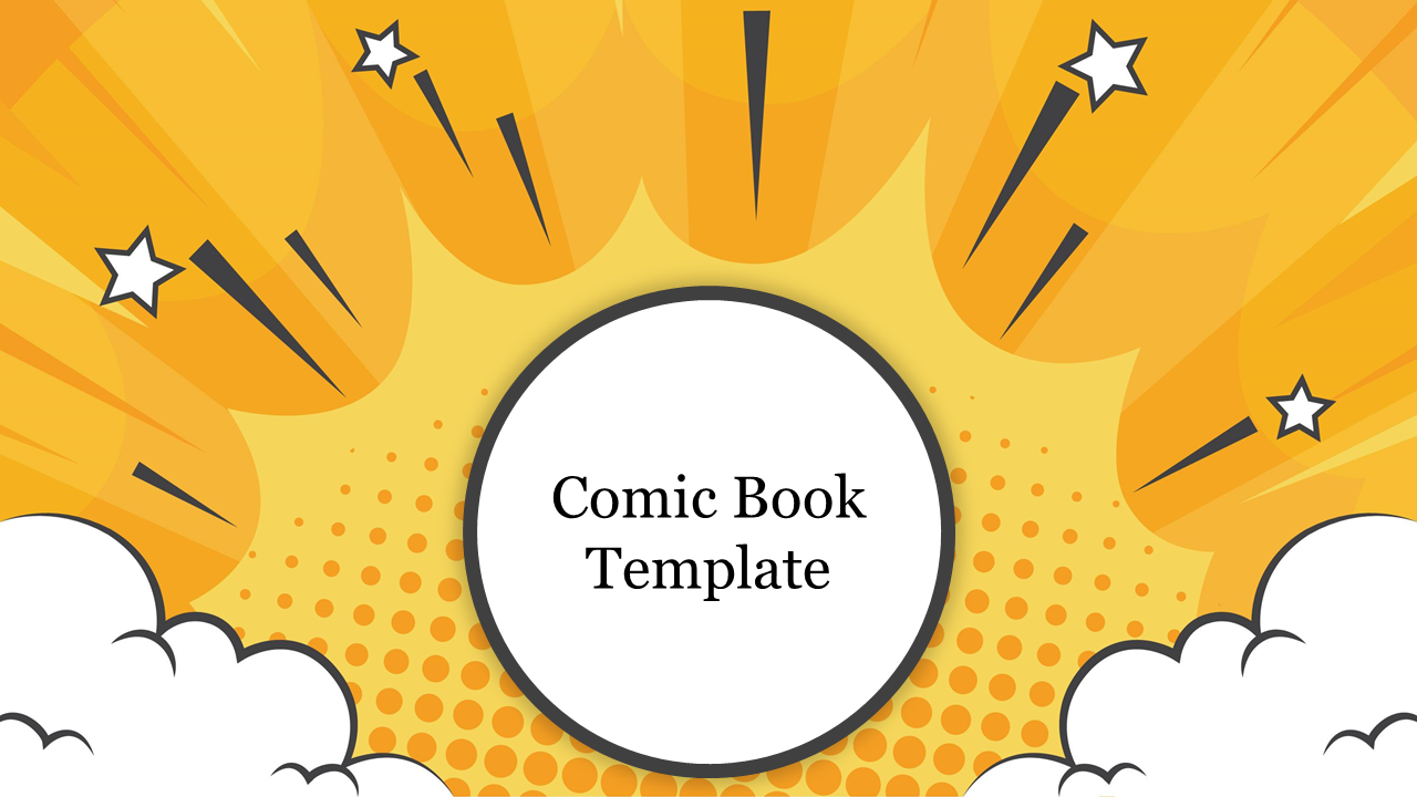 Comic-style template featuring a circular text box with yellow bursts and star elements around it.