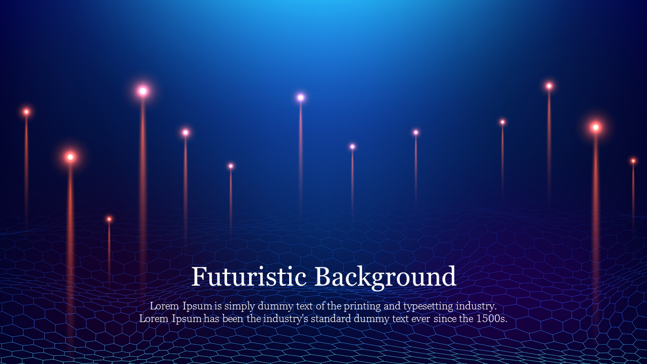 Futuristic glowing orange light beams rising from a hexagonal grid with a gradient blue background.