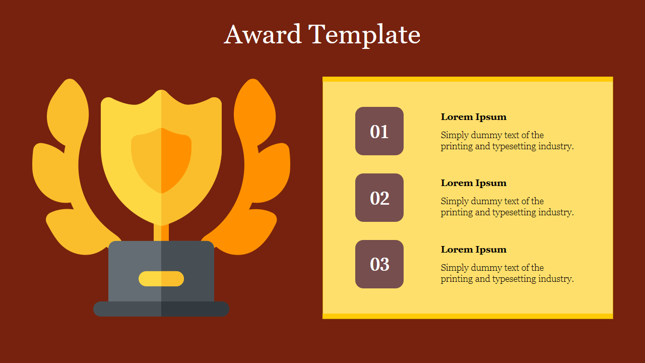 Slide featuring an award template, showcasing a trophy illustration alongside numbered sections for award details.