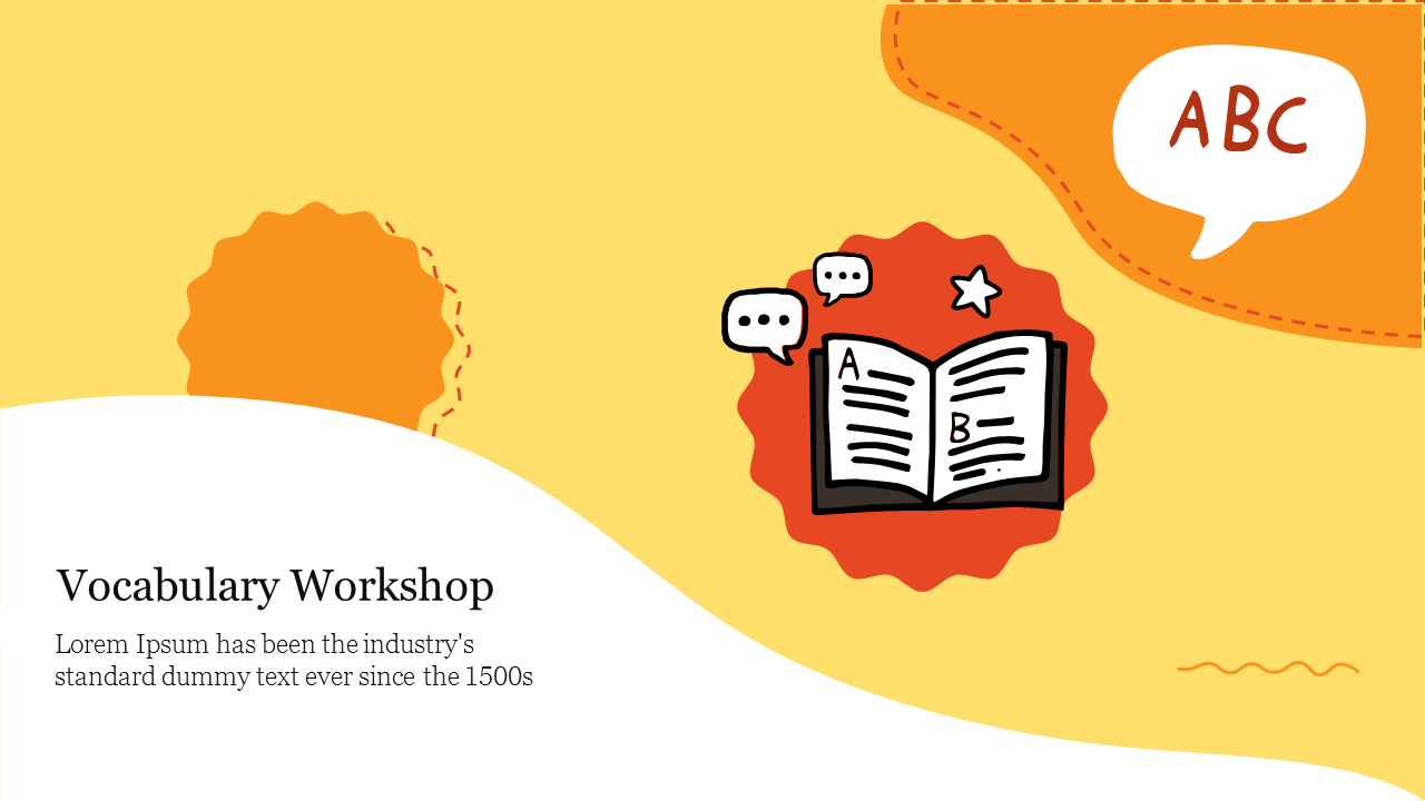 Illustrated vocabulary workshop slide with an open book, speech bubbles, and text in colorful shapes on a yellow background.