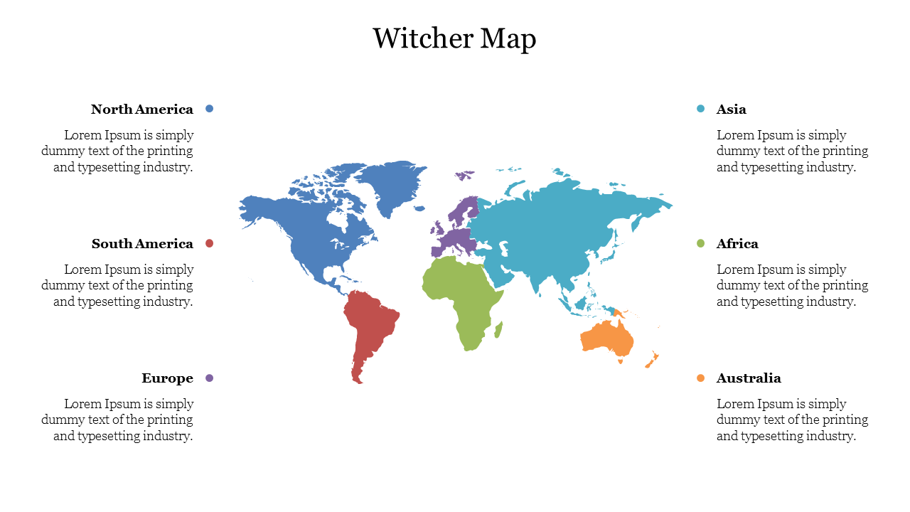 Illustrated Witcher world map with colored continents,  indicating different regions and color-coded caption areas.