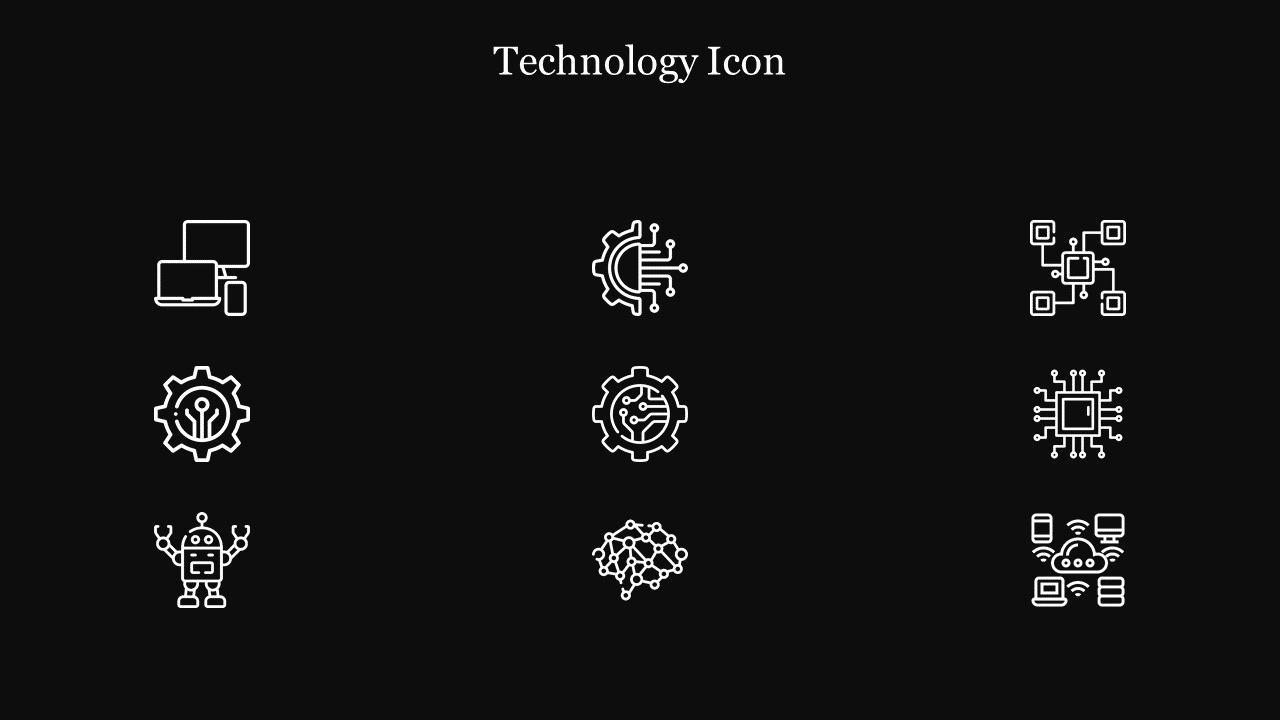 Eight white technology icons, evenly spaced in three vertical columns on a dark background.