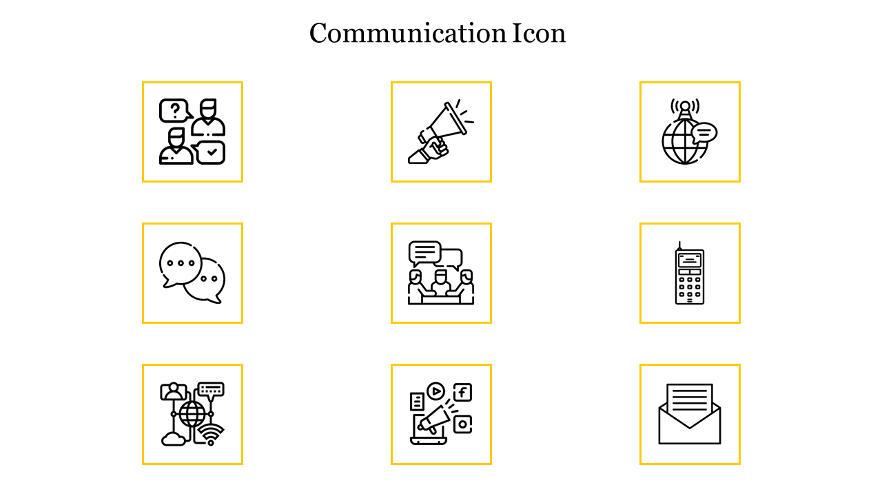 Grid of communication icons including speech bubbles, a megaphone, and a globe, all framed in yellow boxes.