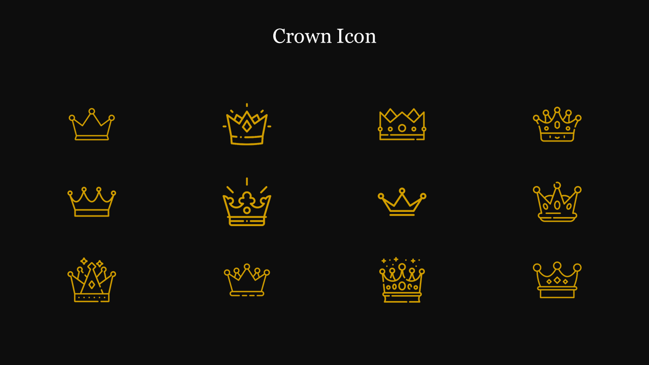 Set of gold crown icons on a black background slide, featuring various crown designs in a minimalist style.