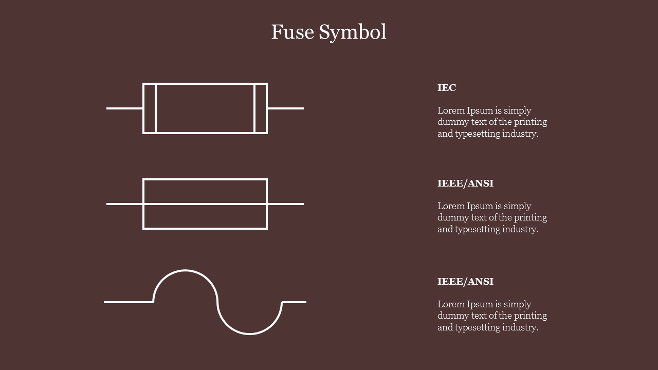 Set of fuse symbols including a rectangular and wave-shaped design with three placeholder in a brown background.