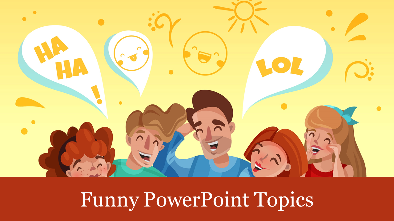 Illustration of five laughing people with speech bubbles and smiley faces, on a yellow background, with red bottom section.