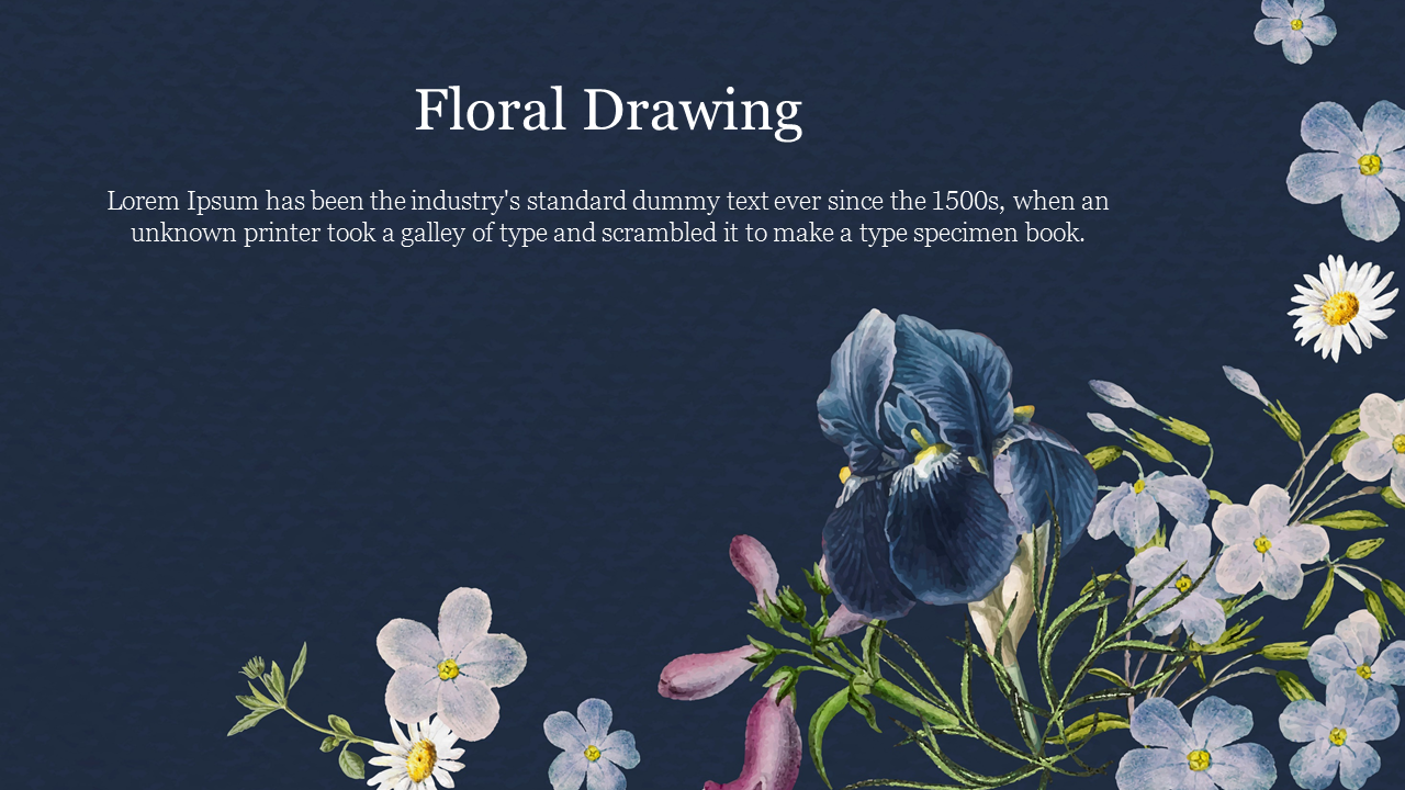 Floral illustration featuring various delicate flowers with a caption area on a dark background.