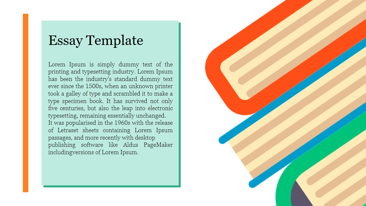 Essay template with a light green box for text and stacked book illustrations in orange, blue, and green on the right.