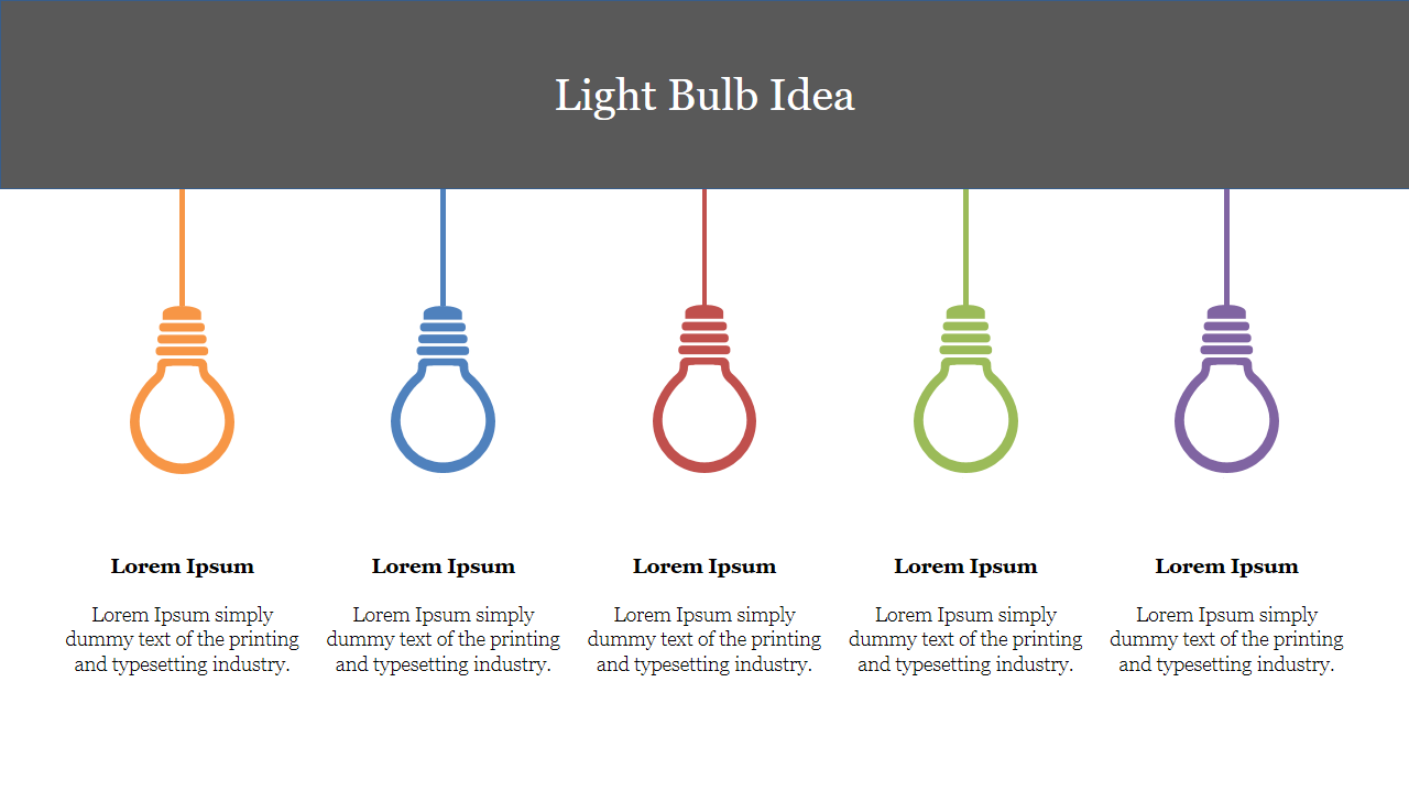 Infographic PPT slide design with light bulbs in various colors and placeholder text on a split backdrop.