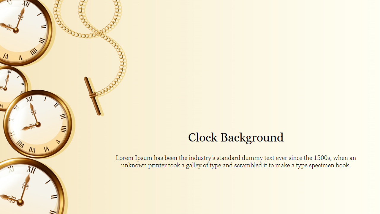 Multiple gold pocket watches and chains on the left side of a beige background with text space on the right.