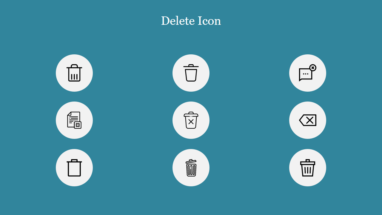 A collection of delete icons displayed on a teal background, including trash bins and document deletion symbols.