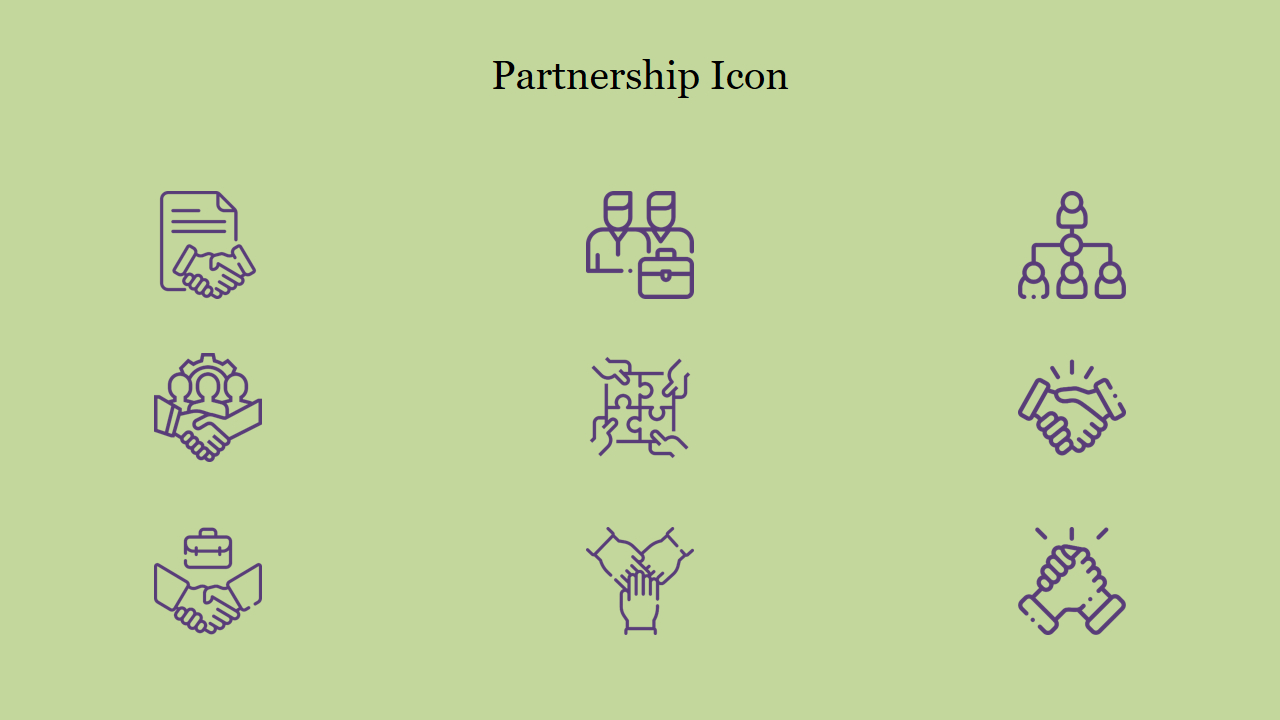 Set of icons illustrating partnership concepts such as collaboration, teamwork, agreements, shaking hands, and puzzle pieces.