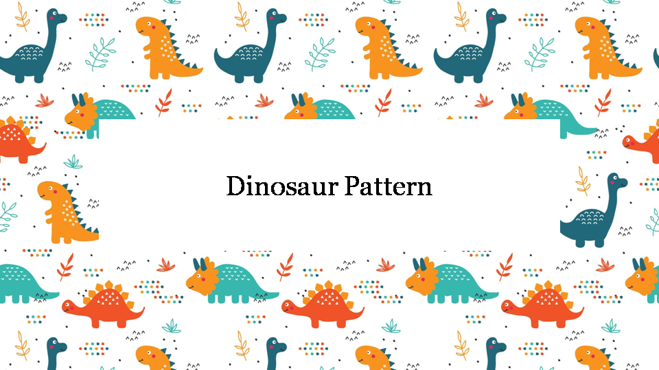 Colorful dinosaur illustrations fill the top and bottom of the white slide, with leaves and abstract shapes between them.