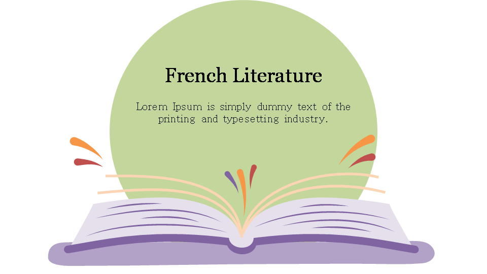 Illustration of an open book with colorful accents, beneath a green circle with French literature placeholder text.