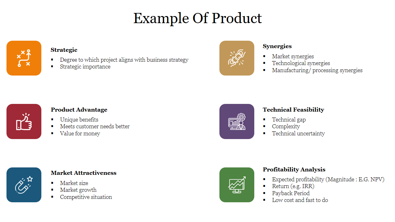 Product example slide breakdown with icons and points for categories from strategic alignment to profitability analysis.