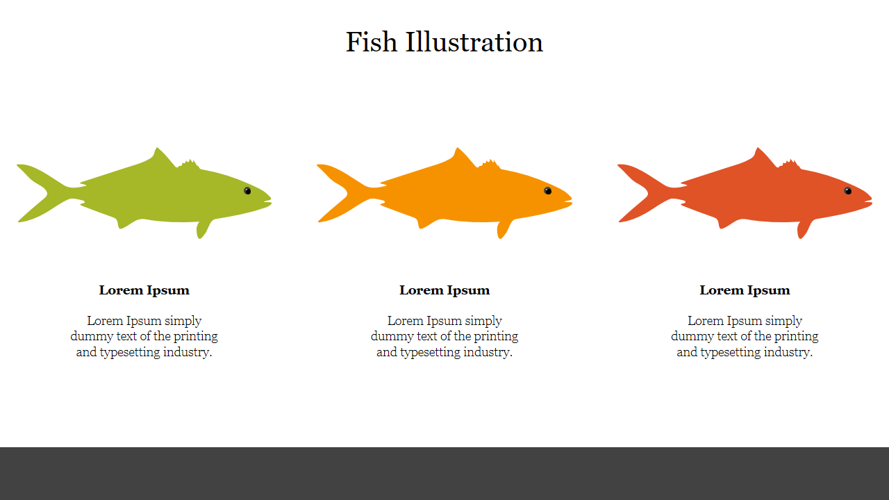 Three fish illustrations in green, orange, and red, each aligned horizontally with text underneath on a white background.