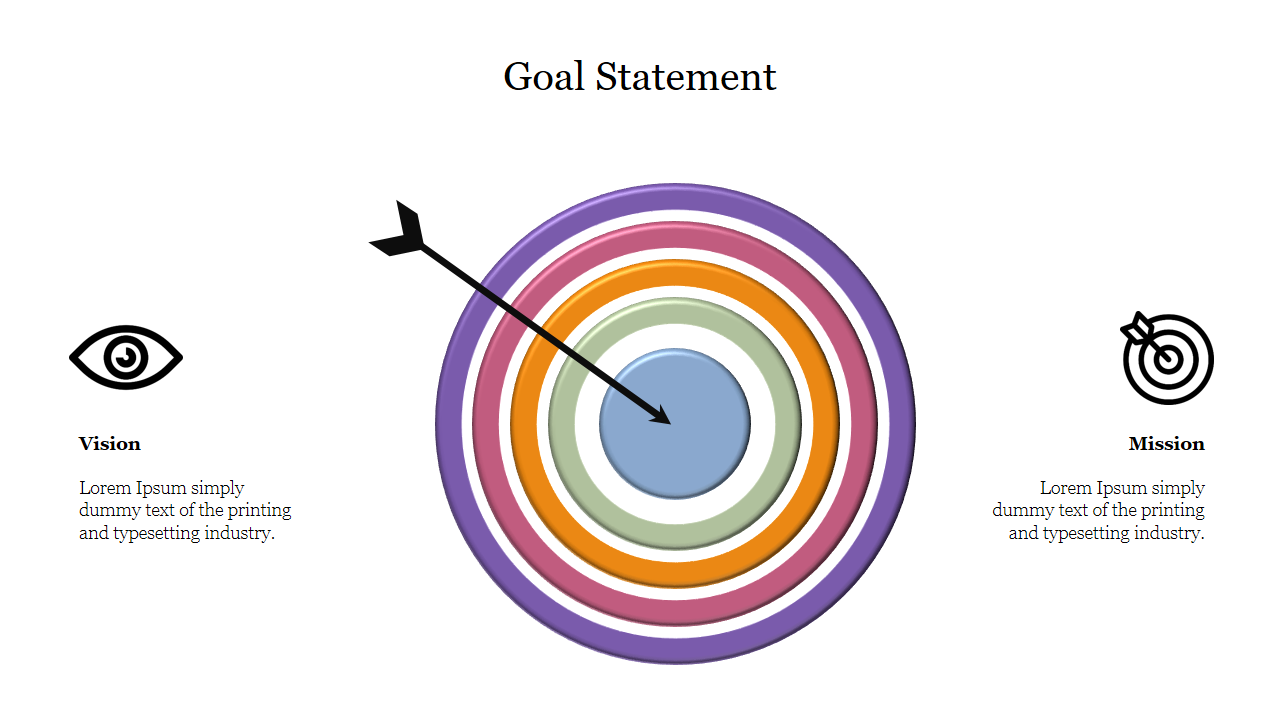 Arrow hitting the center of multicolored target, with two icons and text area on the sides.