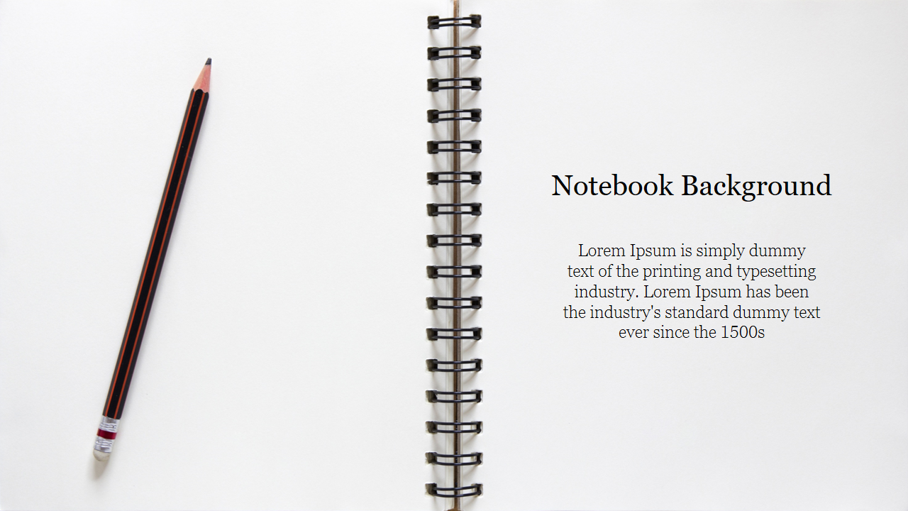 Open spiral notebook with a pencil on the left page and placeholder text on the right page.