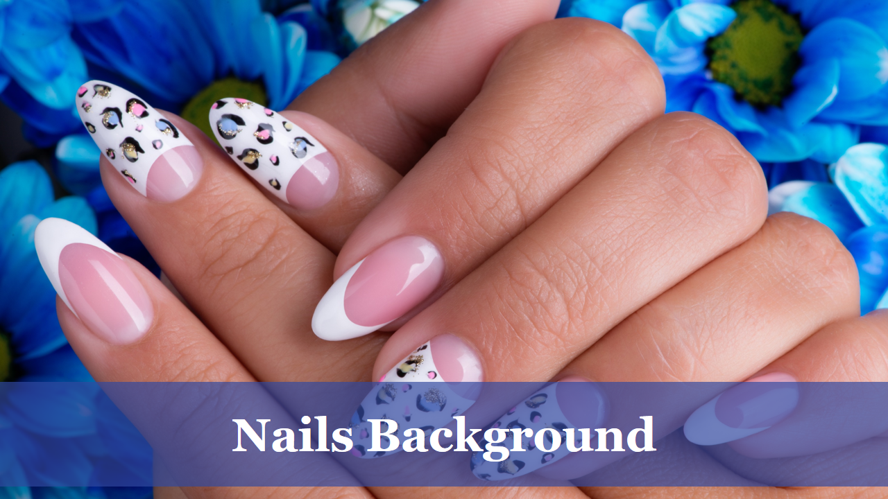 Close-up of manicured nails with pink polish, white tips, and leopard-print accents against blue flowers.