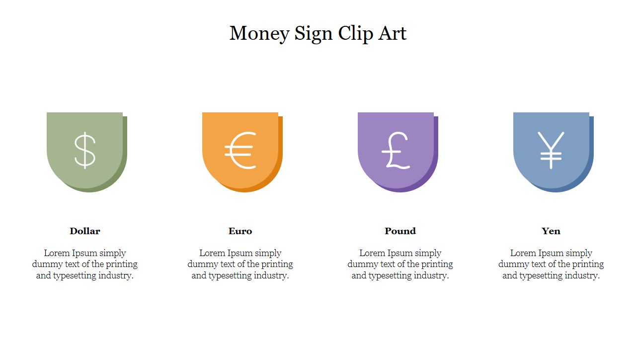 Money clip art showing Dollar in green, Euro in orange, Pound in purple, and Yen in blue, each with placeholder text areas.