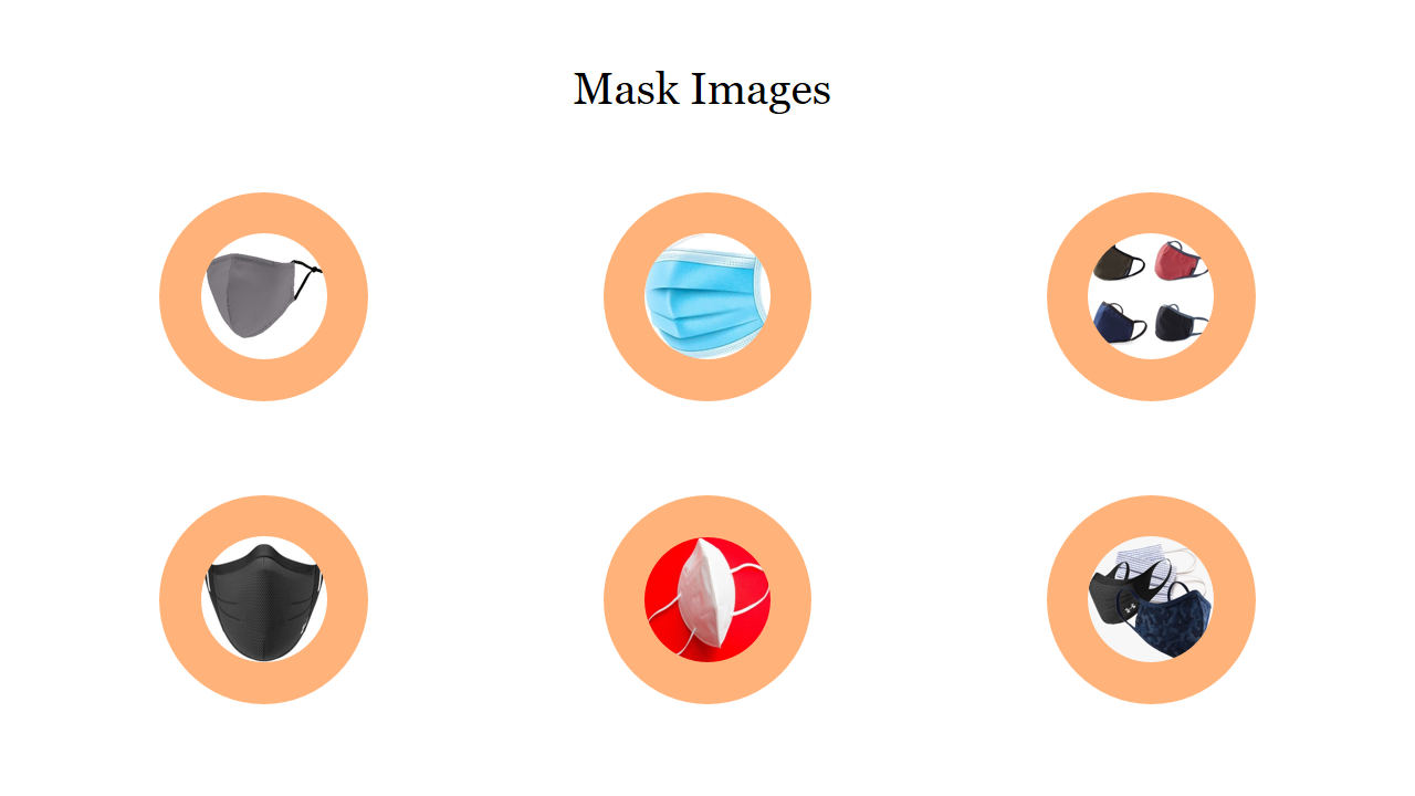 Slide featuring six mask images in circular frames with an orange border, showcasing different types and colors of masks.