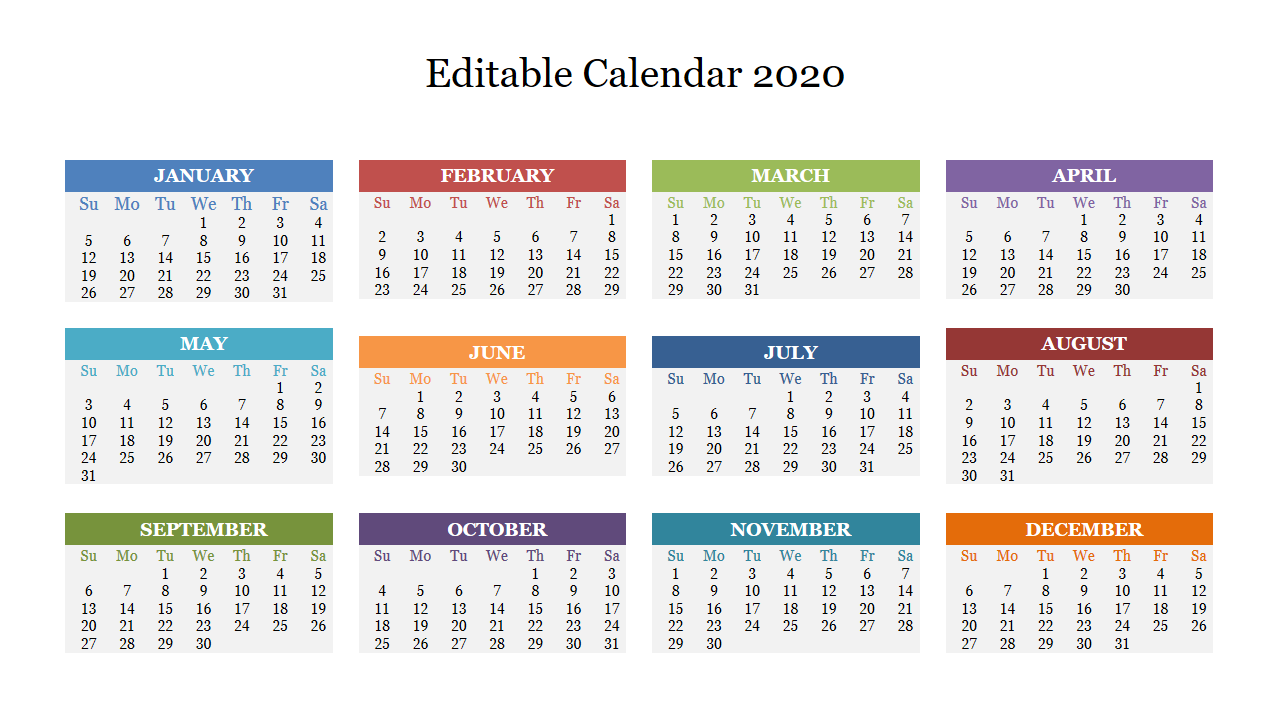 Yearly calendar layout for 2020, displaying all 12 months in a compact grid format  with color-coded headers.