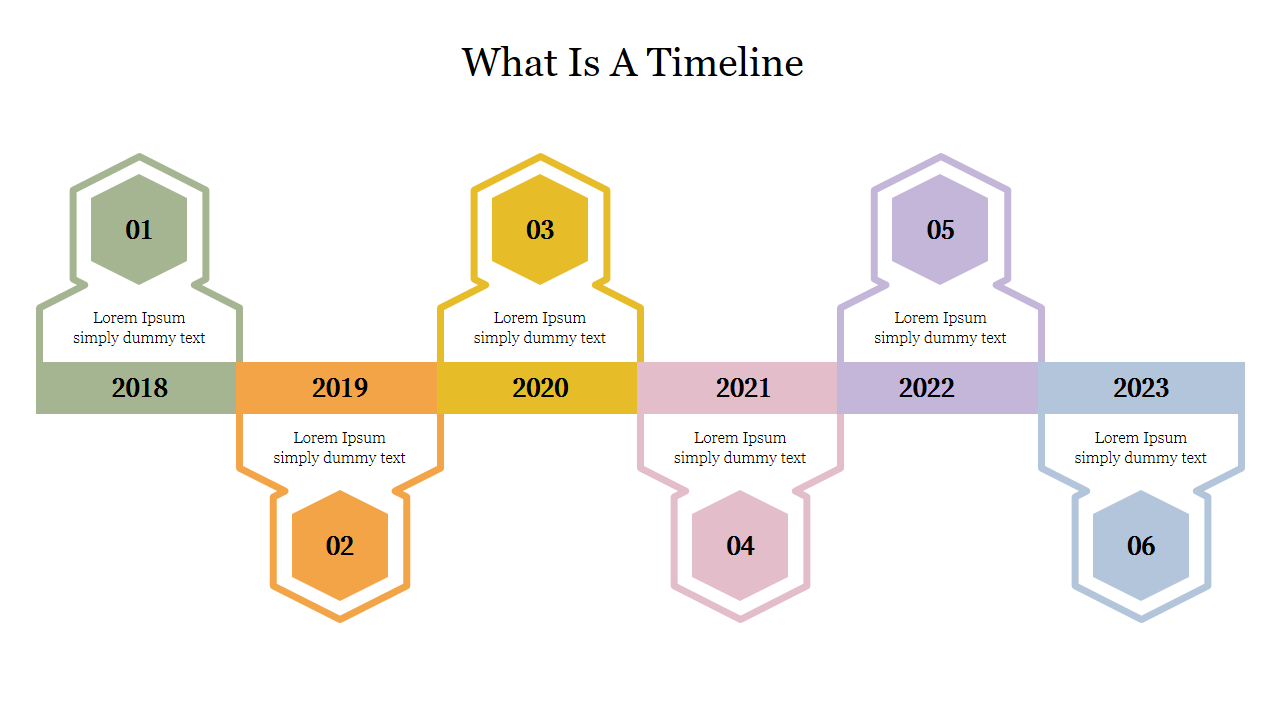 A timeline graphic PPT slide showing years from 2018 to 2023 with colorful hexagonal icons and placeholders for each year.