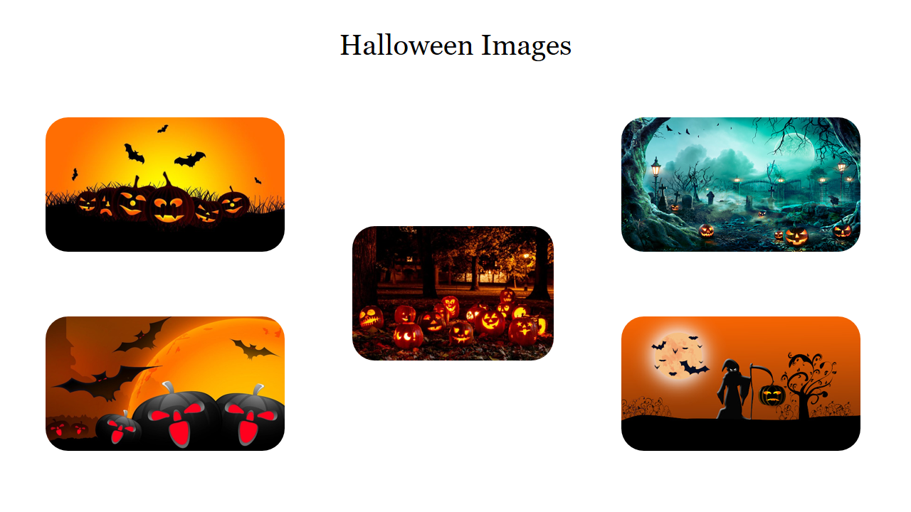 collection of five Halloween themed images, featuring pumpkins, bats, and eerie landscapes with a spooky atmosphere.