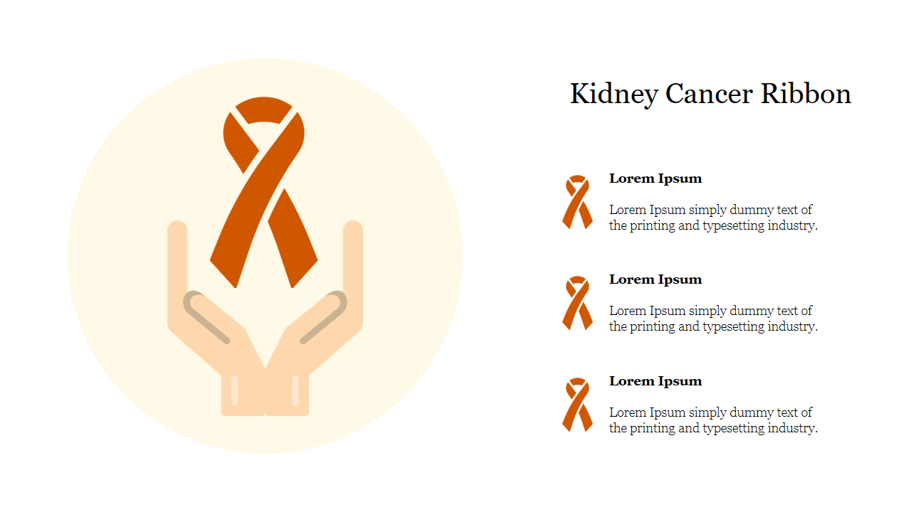 Kidney cancer awareness ribbon slide held by two hands, with text describing the ribbon's purpose.